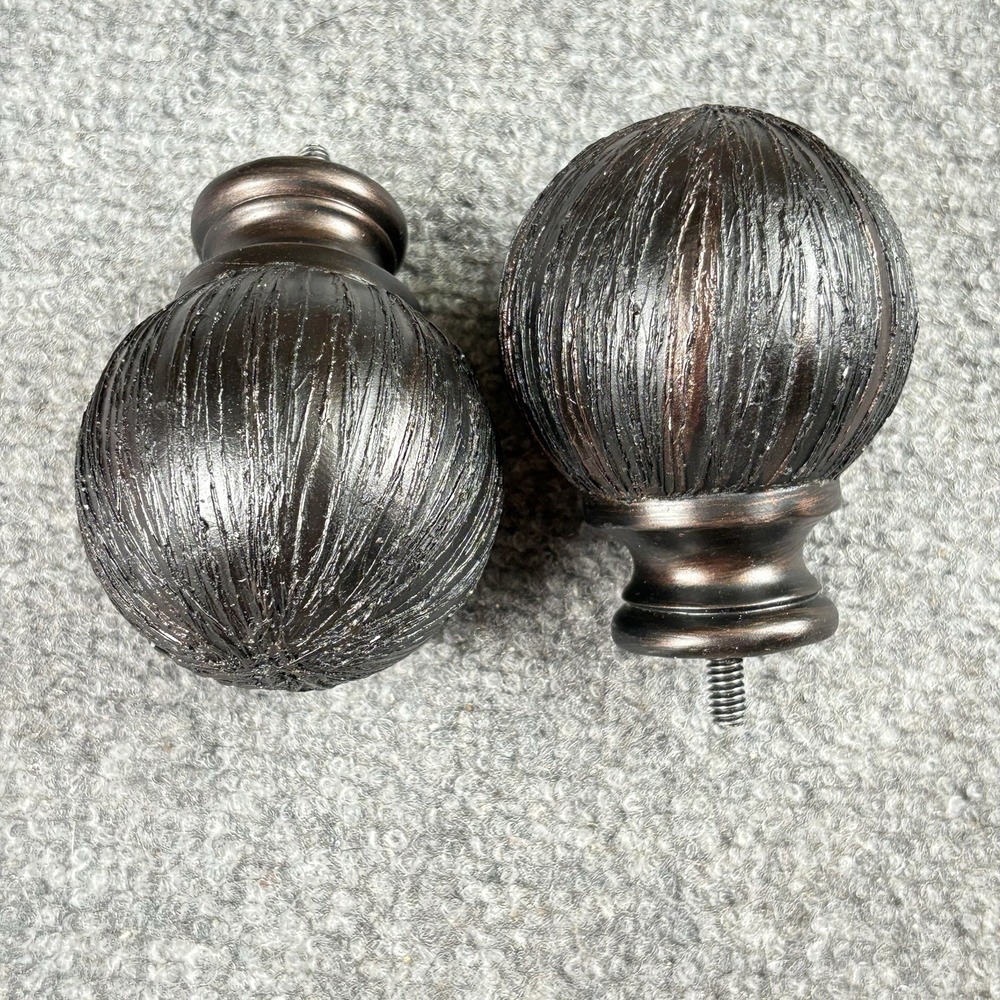 90s Ball-Shaped Curtain Rod Finials Pair of 2 Black Bronze Striated Texture VTG